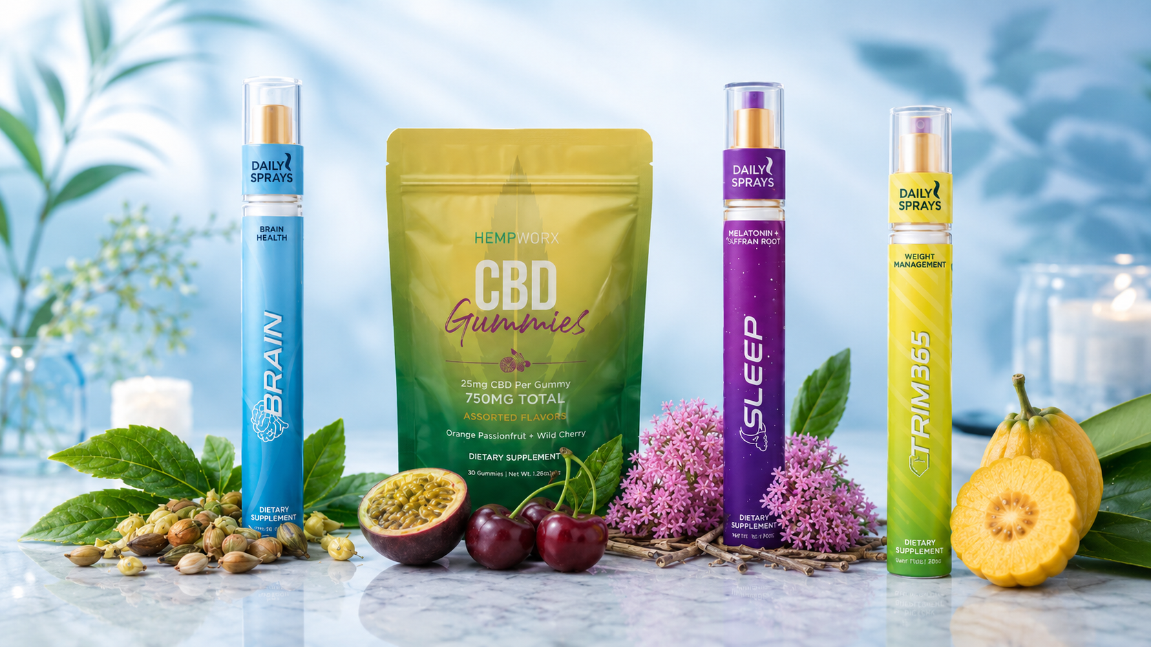 HempWorx banner with CBD gummies beside Brain, Sleep and Trim 365 daily sublingual sprays
