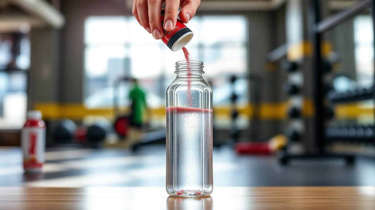 Energy stick pack powder poured into a water bottle at the gym