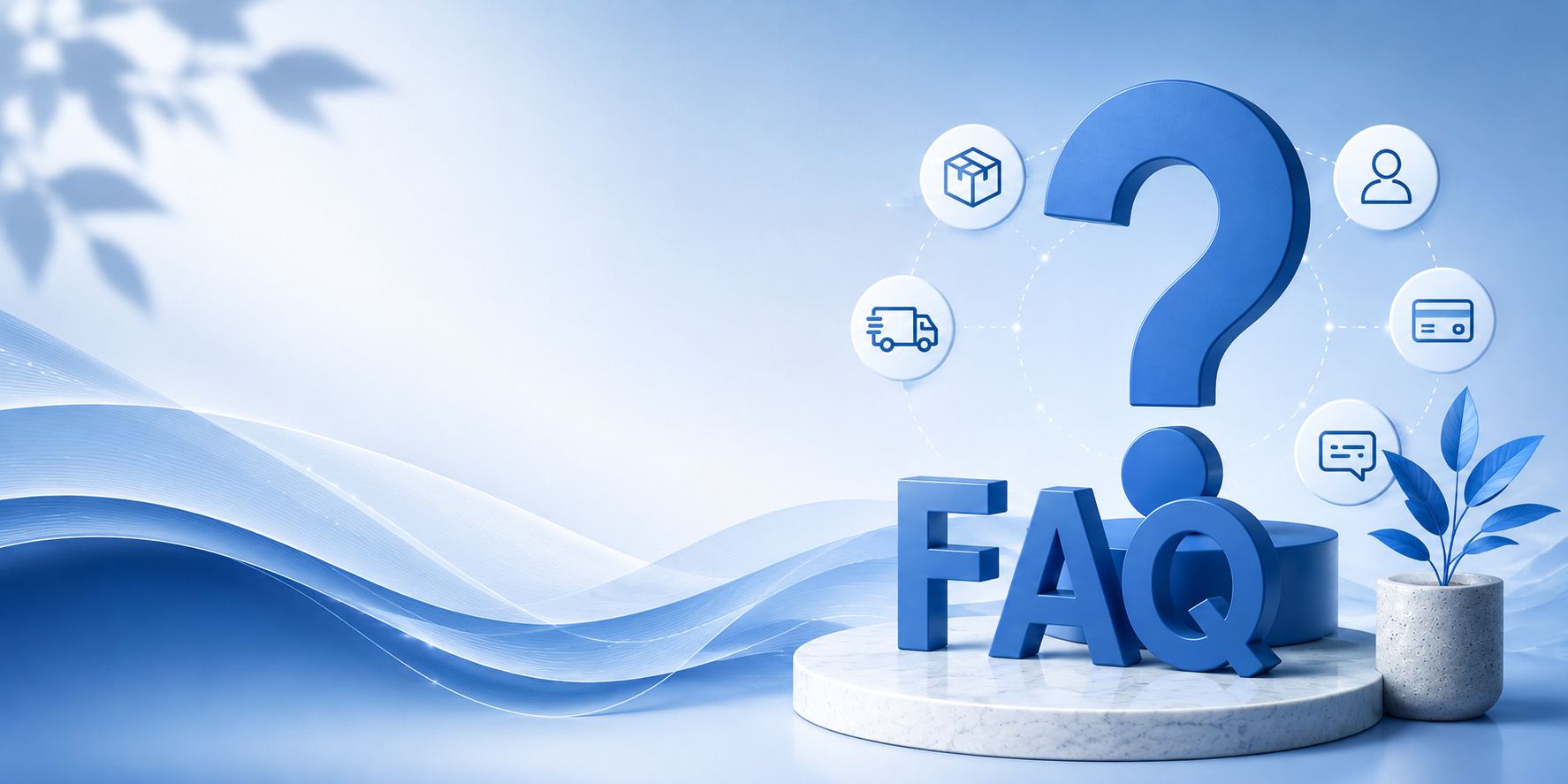 HempWorx CBD FAQ banner with a question mark surrounded by shipping, payment, account and support icons