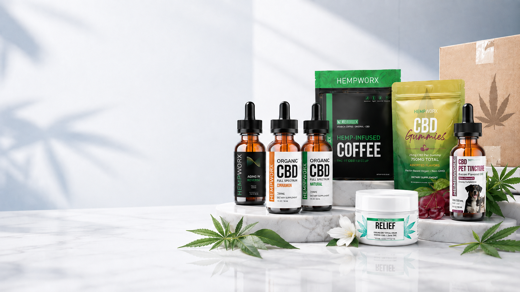 HempWorx CBD oil, gummies, relief cream and pet tincture range sold by Directly Hemp
