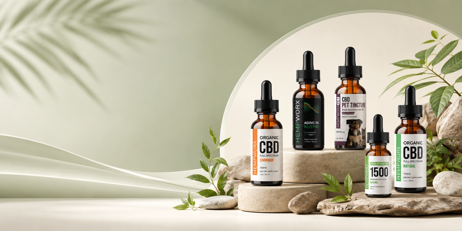 HempWorx CBD oil banner showing full spectrum 750mg, CBDA 1500mg, Aging in Reverse and pet tincture bottles